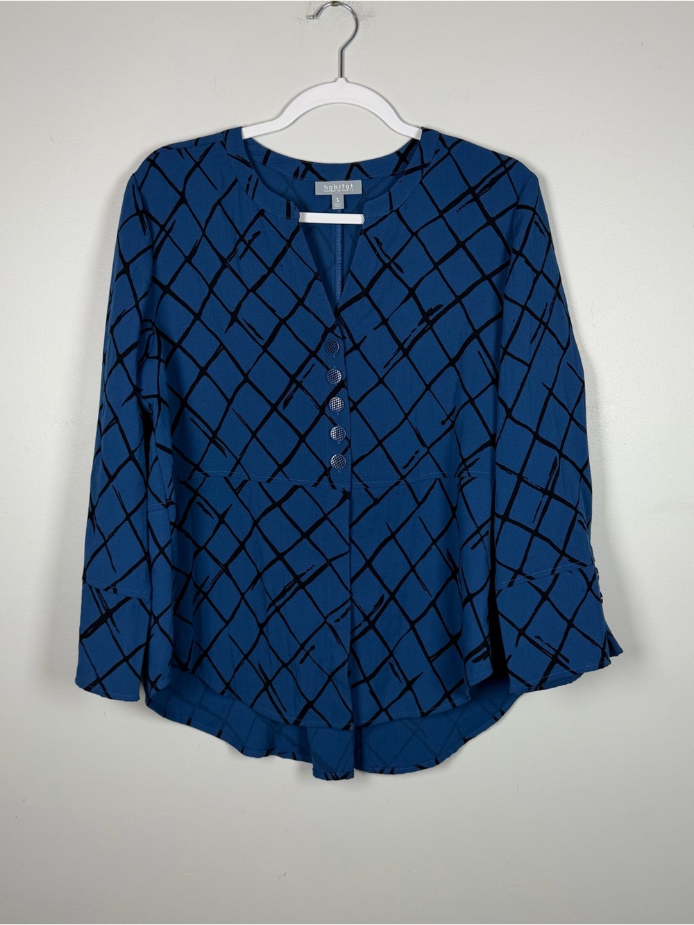Habitat Liv Blue Black Checked Button Down Top Tunic Blouse Artsy Rayon Small